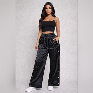 Fashion Nova Black Satin Snap Button Wide Leg Pants Small Medium High Rise Elast
